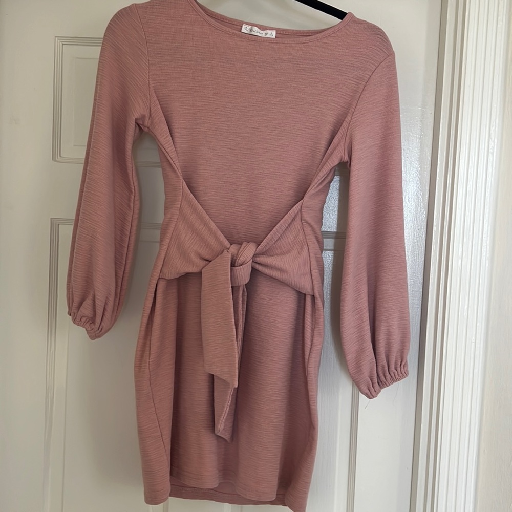 Cotton Long Sleeves Elegant Knitted Bodycon Tie Waist Sweater Pencil Dres